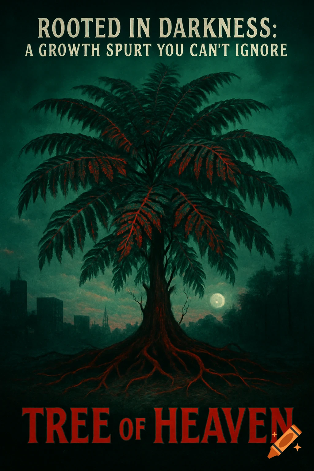 Dark, gritty movie poster for 'Tree of Heaven' featuring a large, red-veined fern-like tree with exposed roots, silhouetted city, and a full moon.