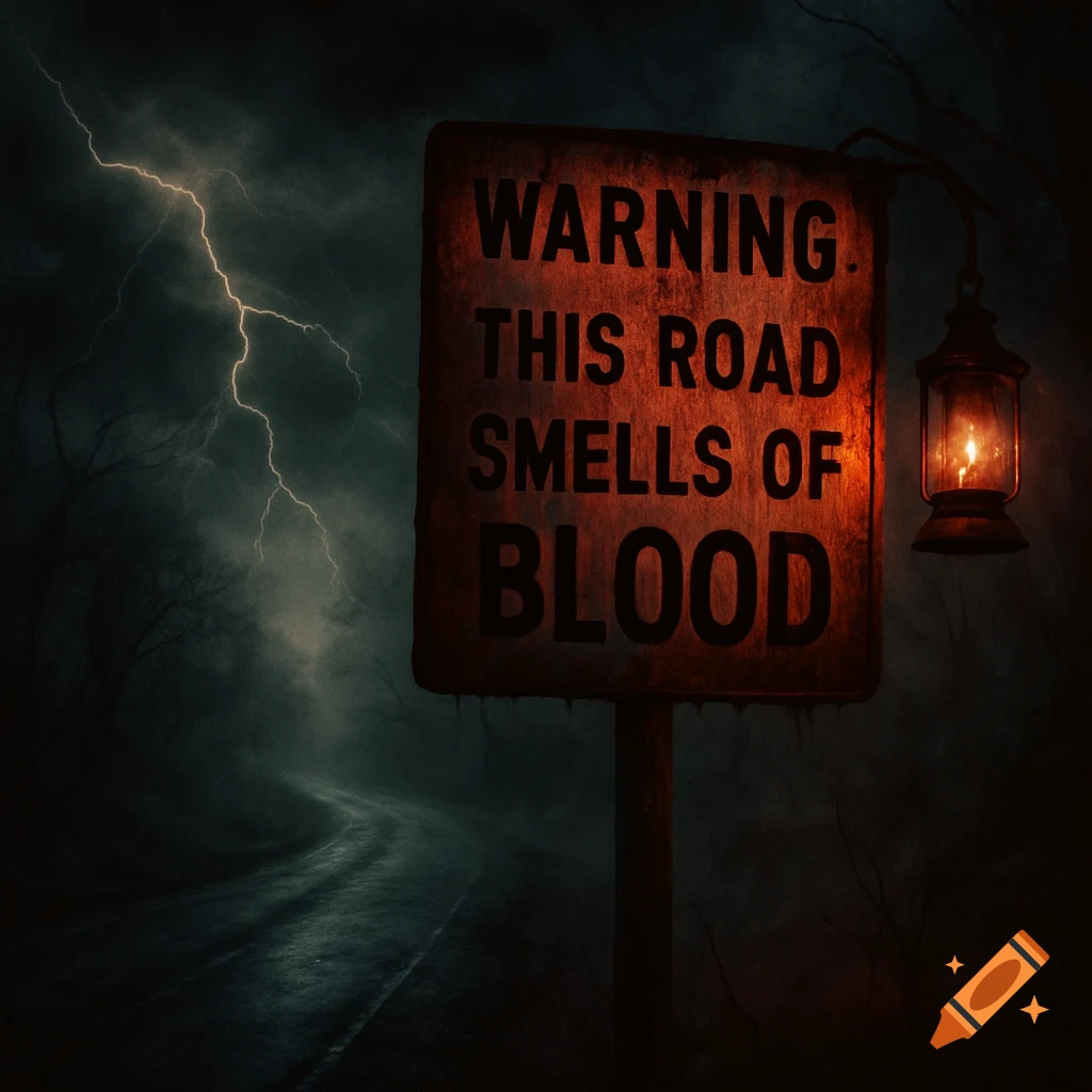 A rusted warning sign in a dark, misty landscape with lightning, reading 'WARNING. THIS ROAD SMELLS OF BLOOD', illuminated by a hanging lantern.