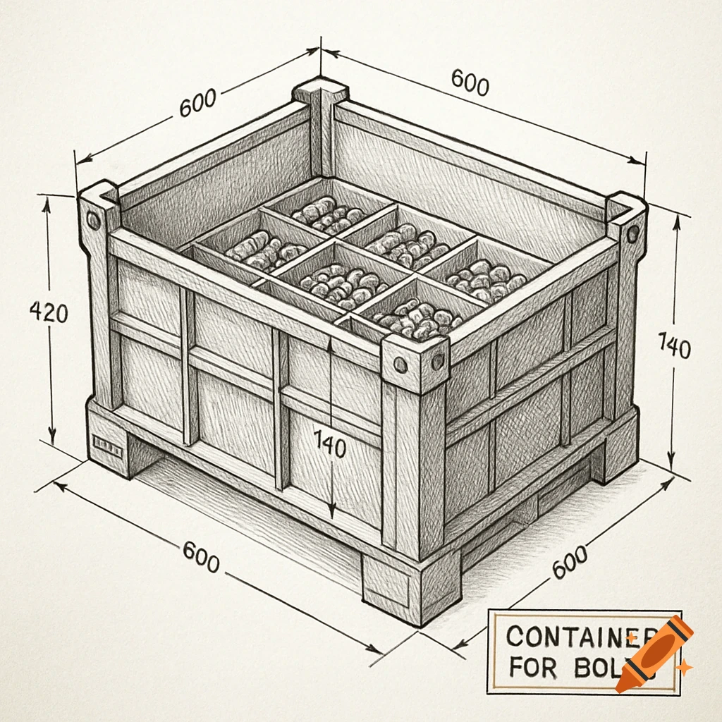 A monochrome technical drawing of a wooden container with six compartments filled with bolts, showing dimensions.