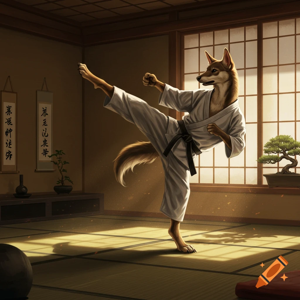 An anthropomorphic dog in a white gi and black belt performs a karate kick in a traditional Japanese dojo.