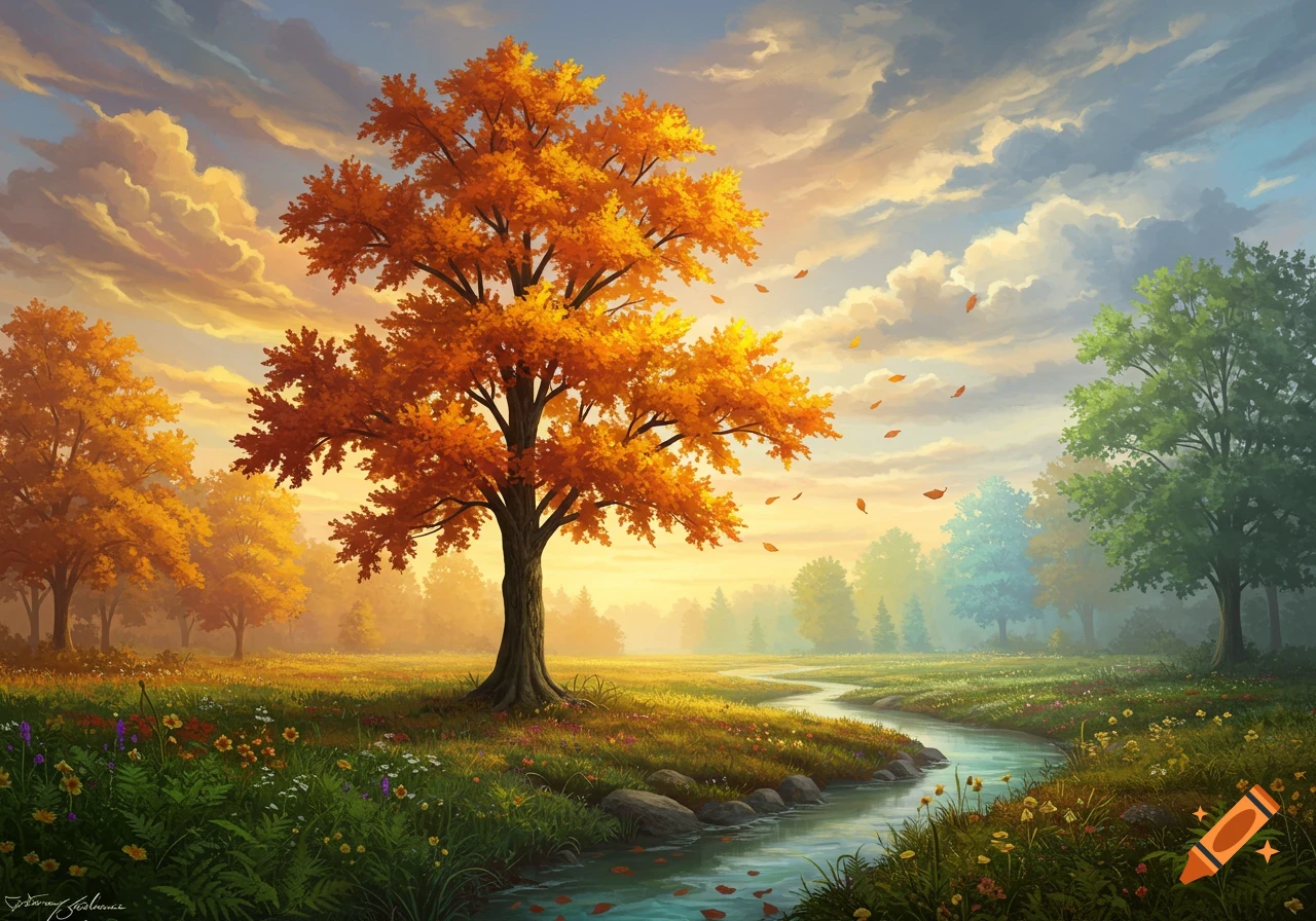 Vibrant autumn landscape with a prominent orange tree next to a winding stream, colorful flowers, and distant trees under a cloudy sky.