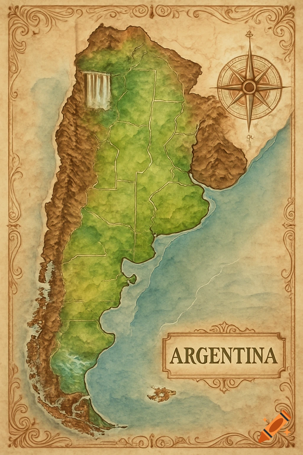 A watercolor-style map of Argentina, featuring its regions, mountains, coast, a waterfall, and a compass rose.