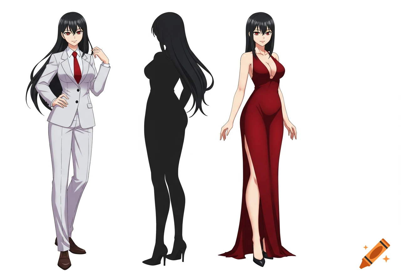 Anime reference sheet of a woman with long black hair and red eyes, in a white suit and a red evening dress, with a silhouette back pose.