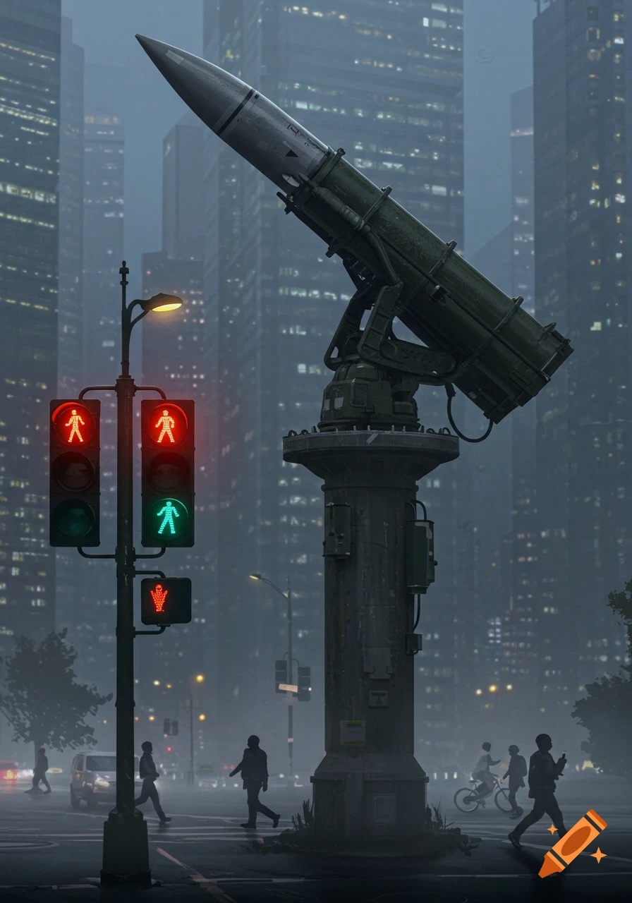 A large missile launcher on a pedestal overlooks a foggy city street with pedestrians and traffic lights at dusk, in a photorealistic style.