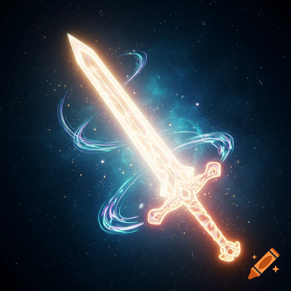 A glowing, intricate sword with swirling light trails floats in a dark, star-filled nebula.