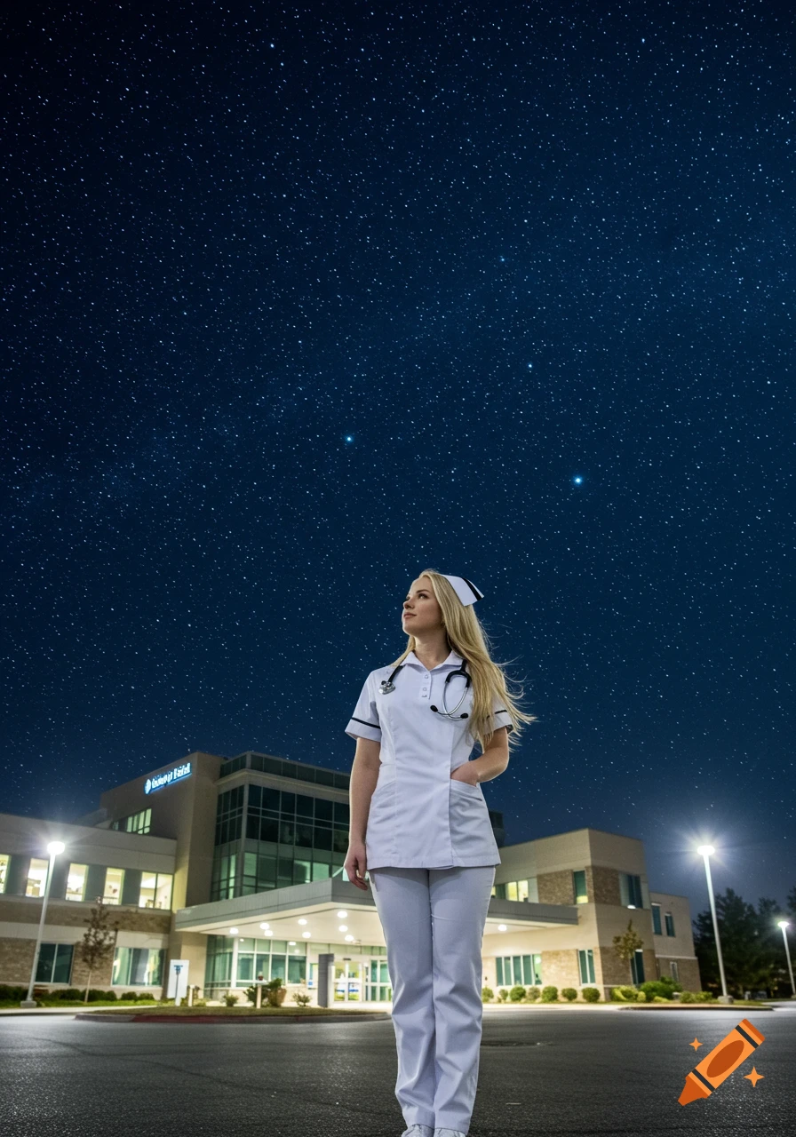 A tall blonde nurse in a white uniform stands in front of a modern hospital building at night, looking up at a sky full of stars. Photorealistic.