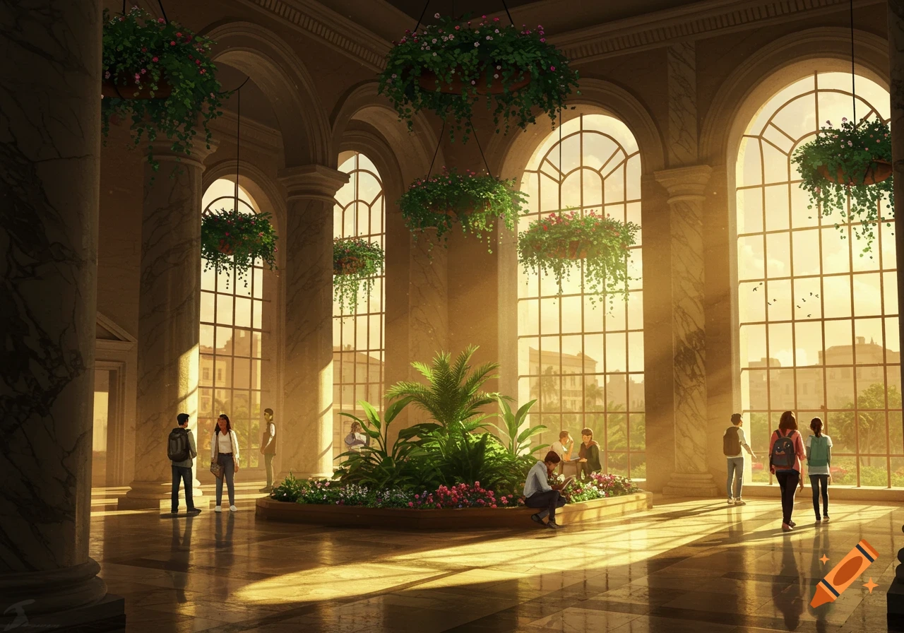 A grand, sunlit hall with tall arched windows, marble columns, lush green plants, and several people.