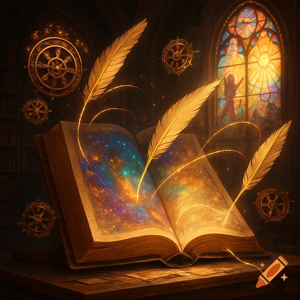 An open magical book glows with a cosmic energy, golden feathers float, in a dark library with a stained glass window.