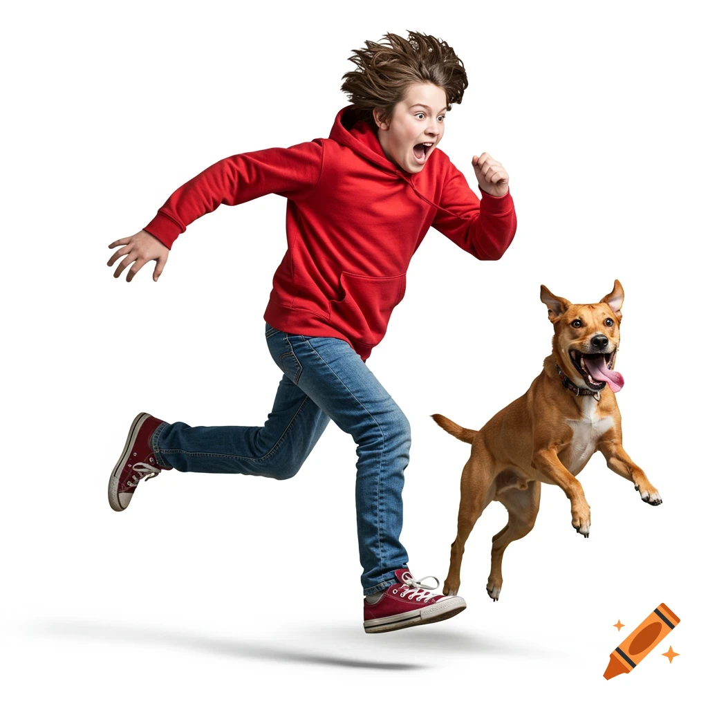 A young boy in a red hoodie and jeans runs with a happy brown dog on a white background.