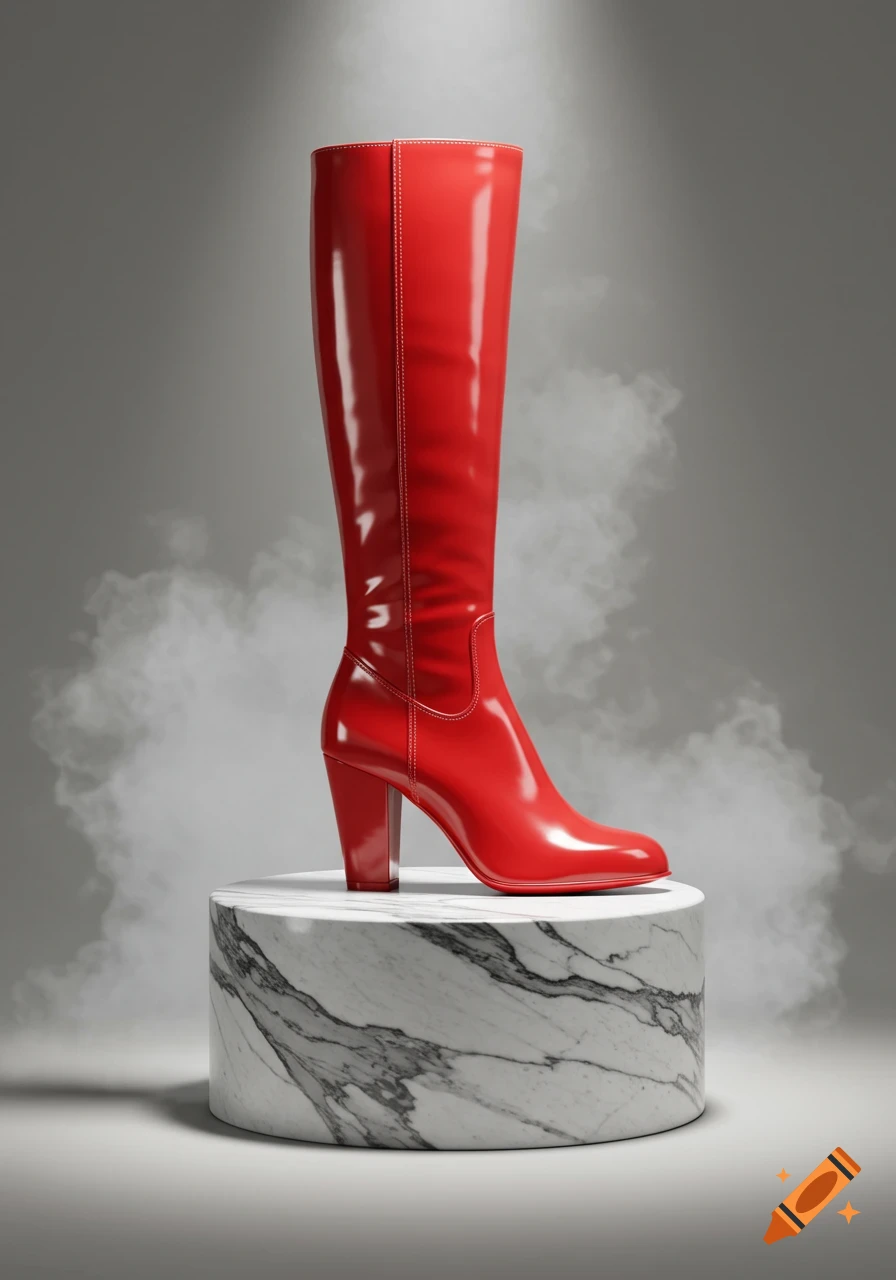 A shiny red knee-high boot with a block heel stands on a round marble pedestal in a smoky studio.