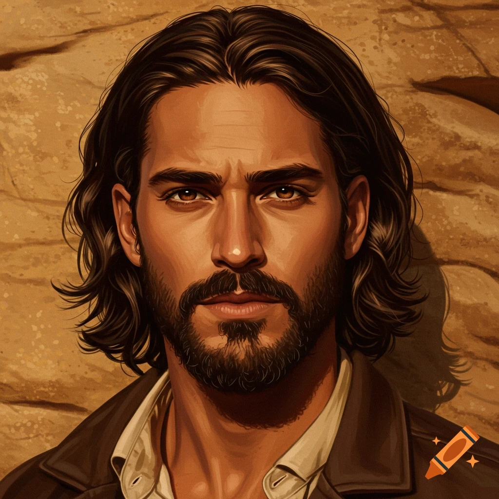 A close-up digital painting of a man with long dark hair, a beard, and brown eyes, wearing a brown jacket, against a light brown textured background.