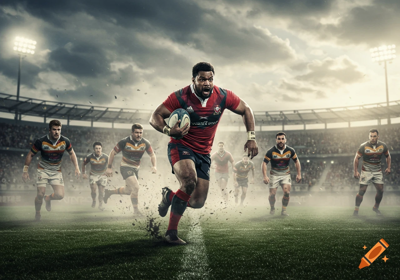 Photorealistic image of a rugby player running with the ball down a grassy field, chased by opponents, in a stadium under a cloudy sky.
