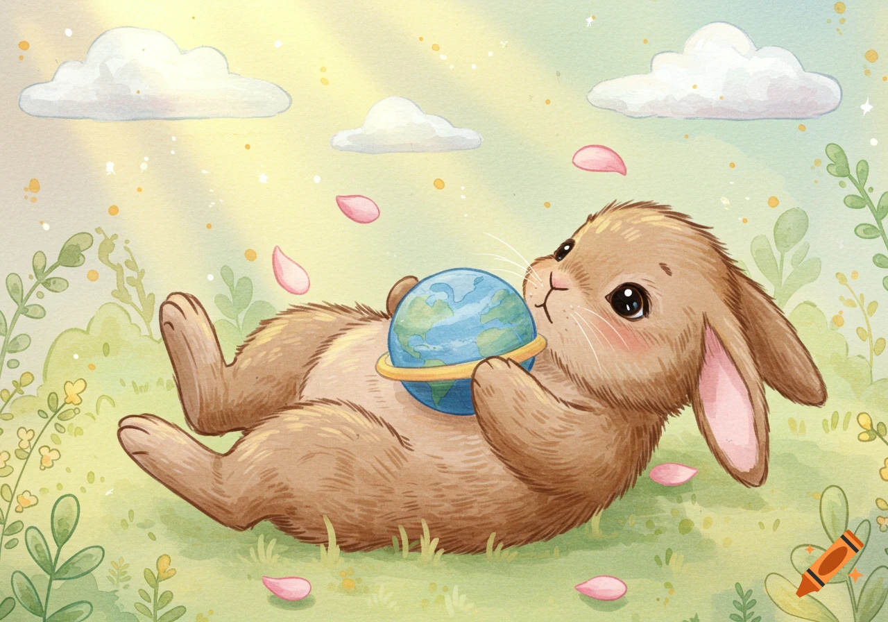A cute watercolor brown bunny lies on its back in a grassy field, gently cradling a small globe. Pink petals fall around it under a sunny sky.