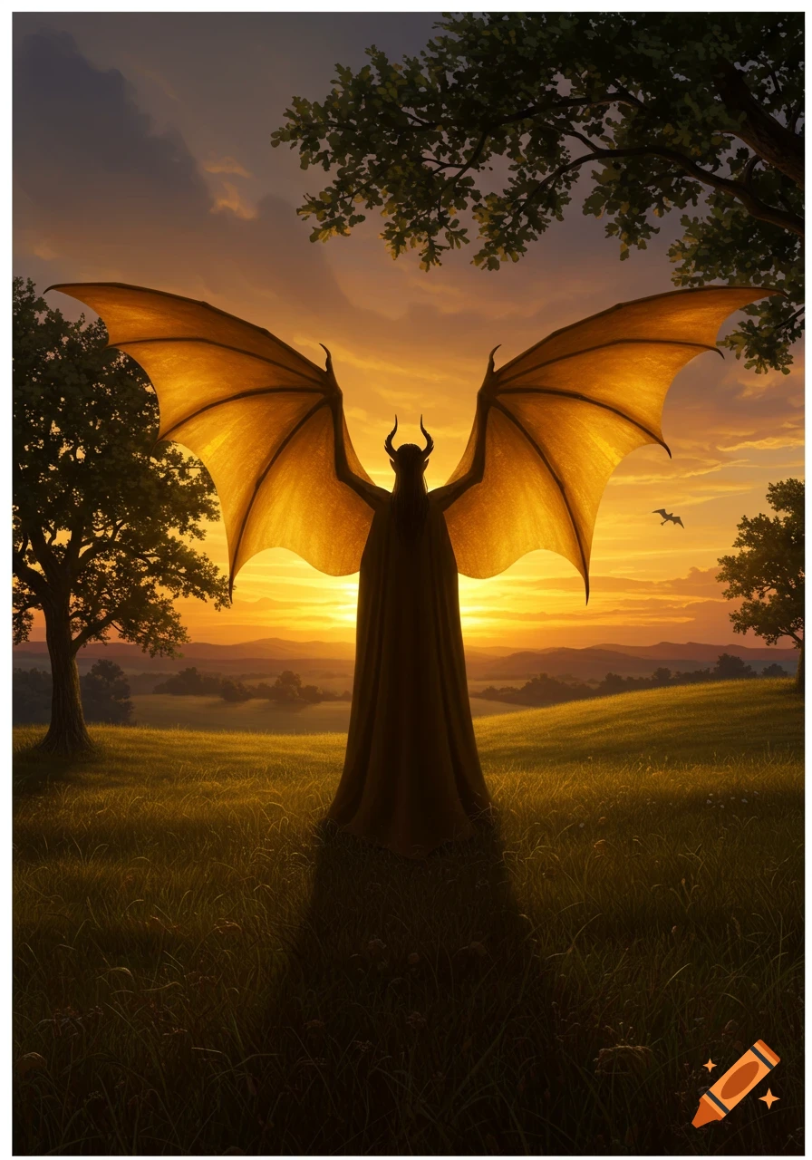 A silhouetted horned figure with large dragon-like wings stands in a grassy field at sunset, a dramatic fantasy painting.