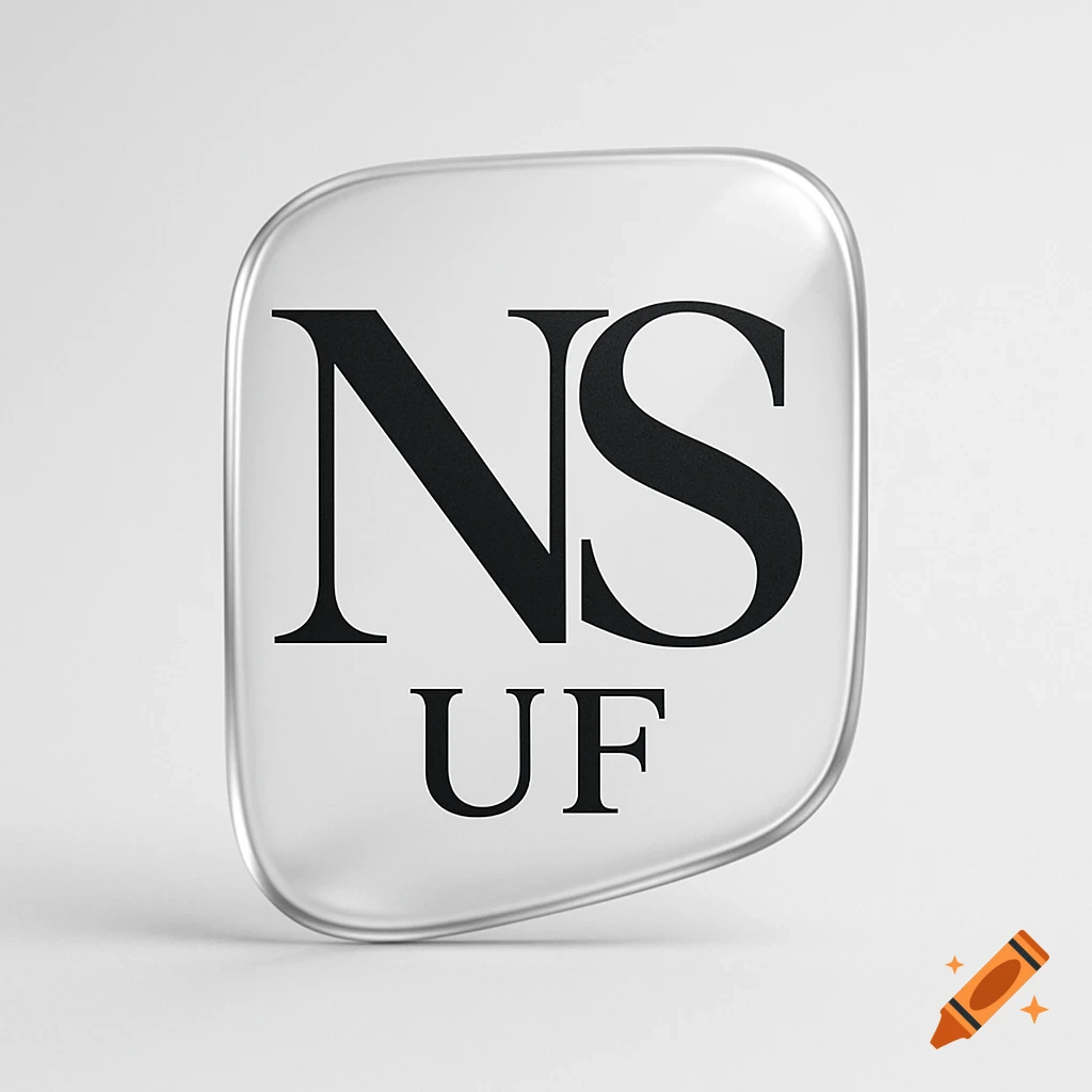 A minimal logo featuring large black letters "NS" above smaller "UF" on a translucent, rounded glass-like badge against a white background.