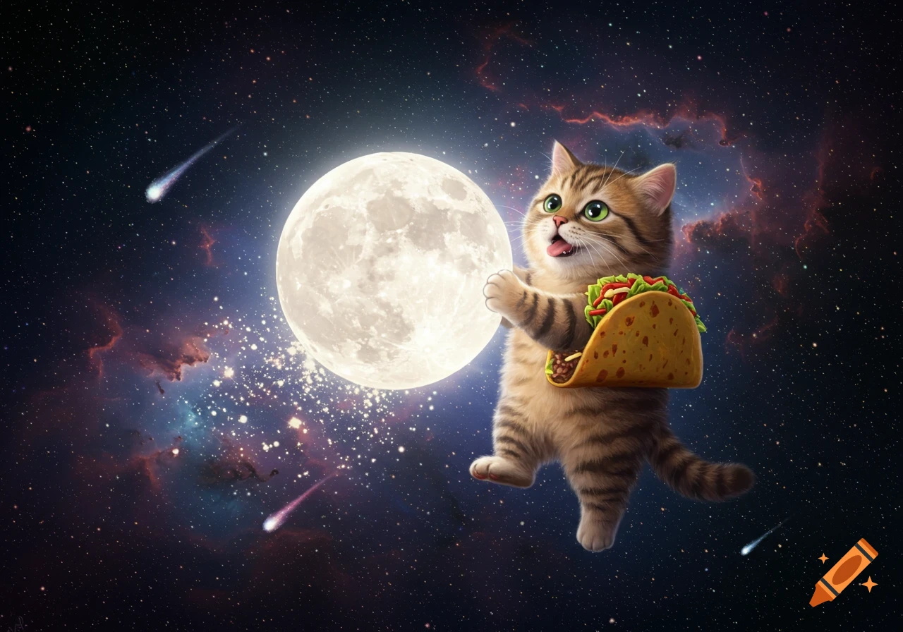 A cute tabby cat in space, holding a taco and looking up at a large full moon, with shooting stars and nebulae in the background.