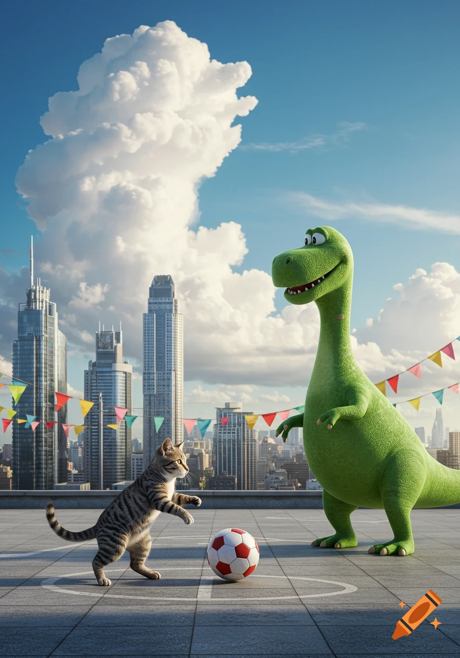 A tabby cat and a large green dinosaur play football on a city rooftop with a blue sky and large clouds.