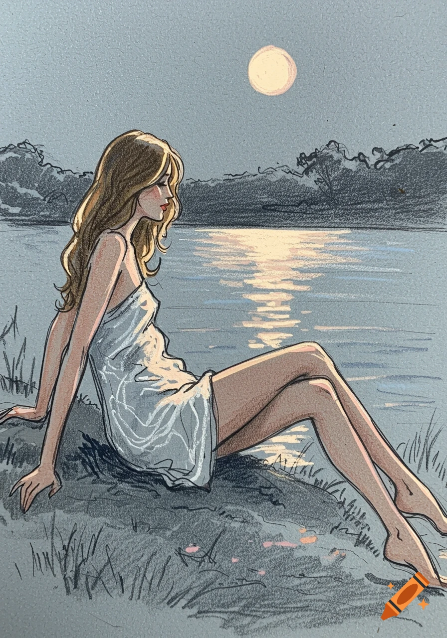 An elegant fashion sketch illustration of a woman sitting by a moonlit lake at night.