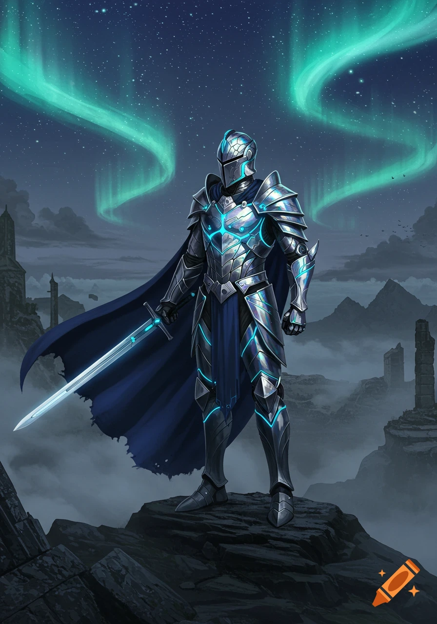 A knight in shining silver and blue glowing armor holds a glowing sword, standing on a rocky outcrop under a starry sky with a green aurora.