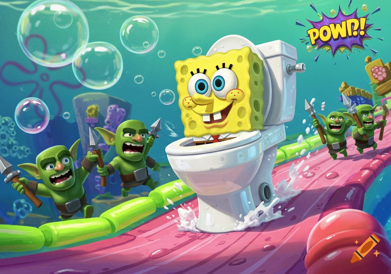 Spongebob Skibidi toilet chased by Clash Royale goblins underwater with 'POW!' text.