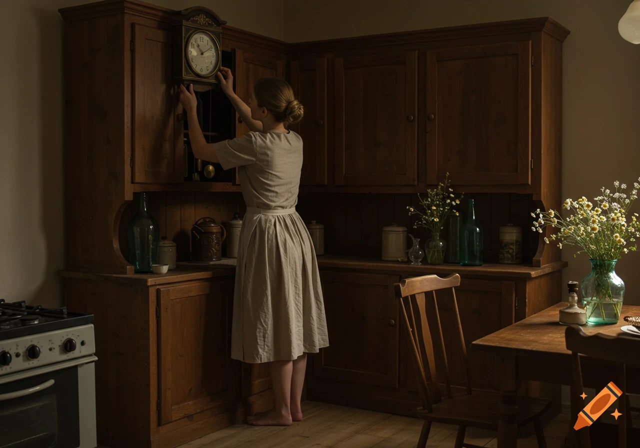 A woman in a beige dress stands on tiptoes placing an old clock on a wooden kitchen cabinet in a cozy, nostalgic evening scene.