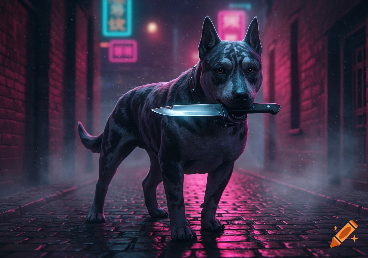 A powerful dog with pointy ears stands in a dark, neon-lit cyberpunk alley, holding a shining knife in its mouth.