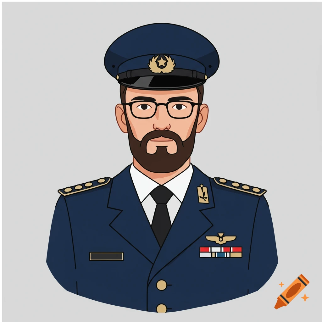 Illustration of a bearded male officer in a dark blue uniform and hat, wearing glasses, in a comic style.