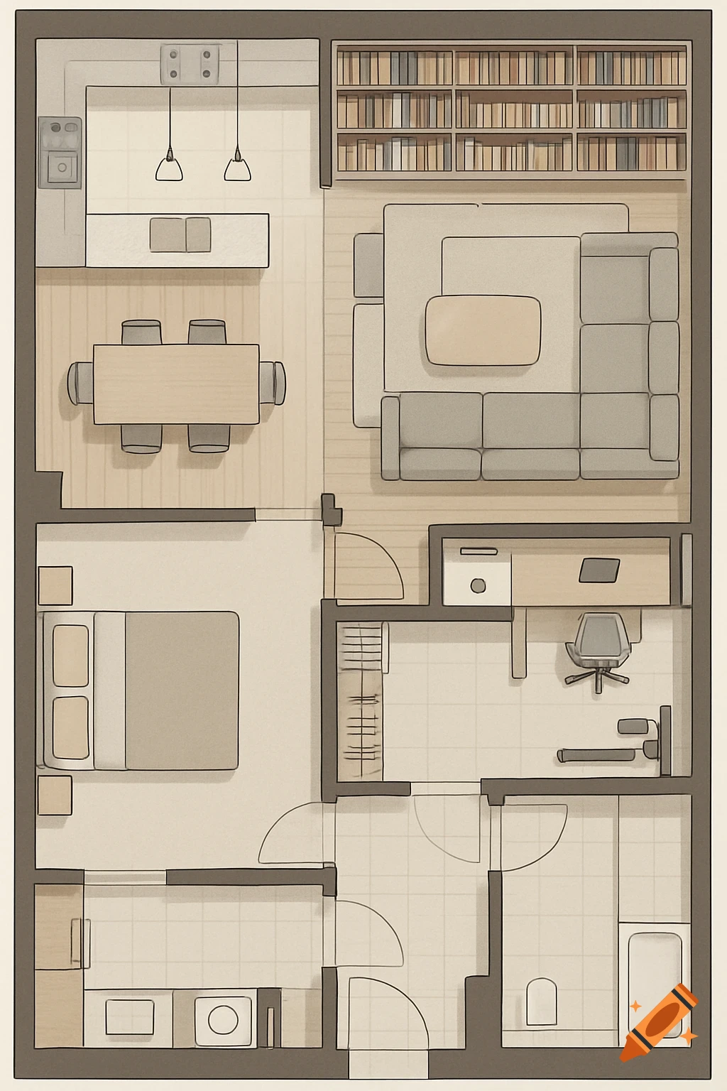 Overhead illustration of a flat floorplan with a kitchen, dining area, living room, bedroom, laundry, and bathroom.