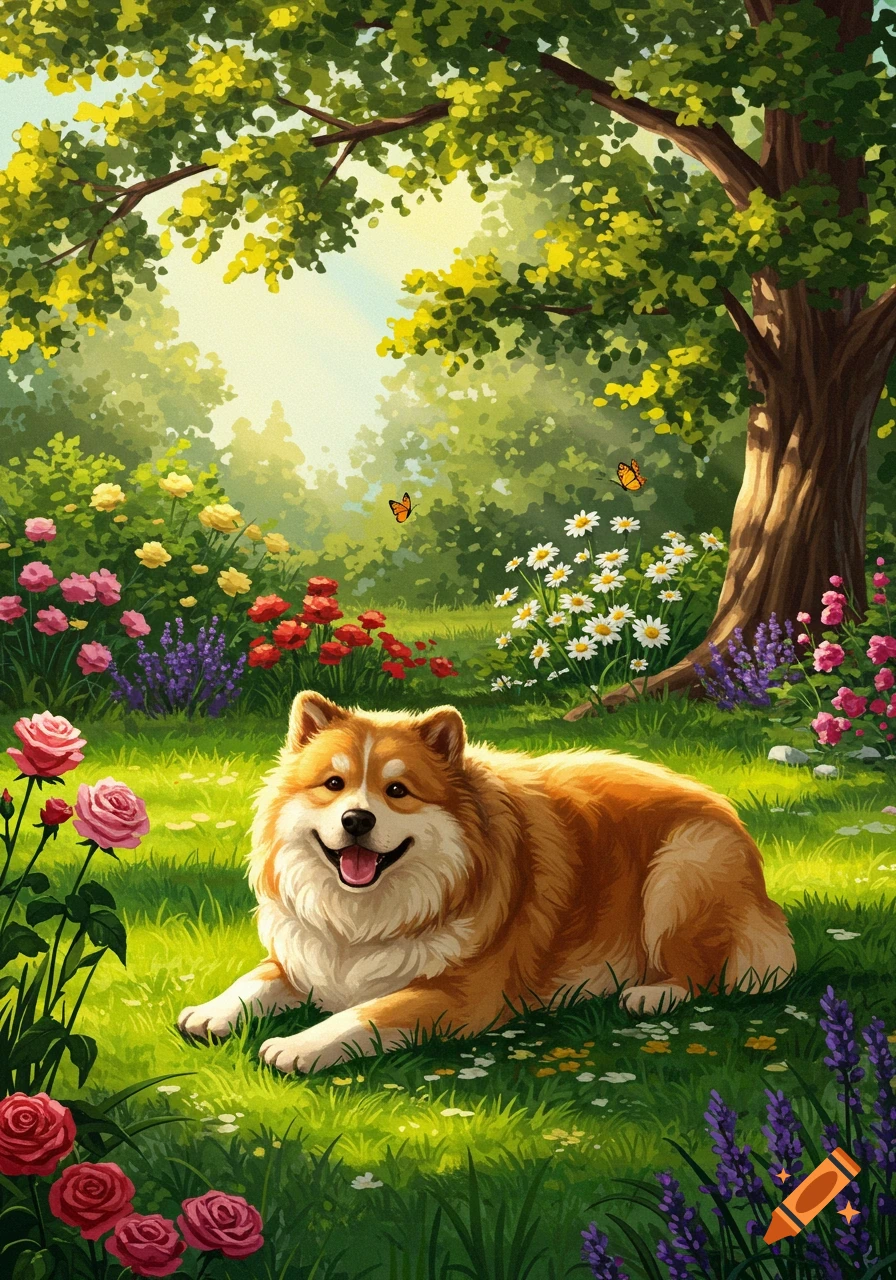 A fluffy, smiling brown and white dog lies in a vibrant garden with colorful flowers, green trees, and butterflies, in a painterly style.