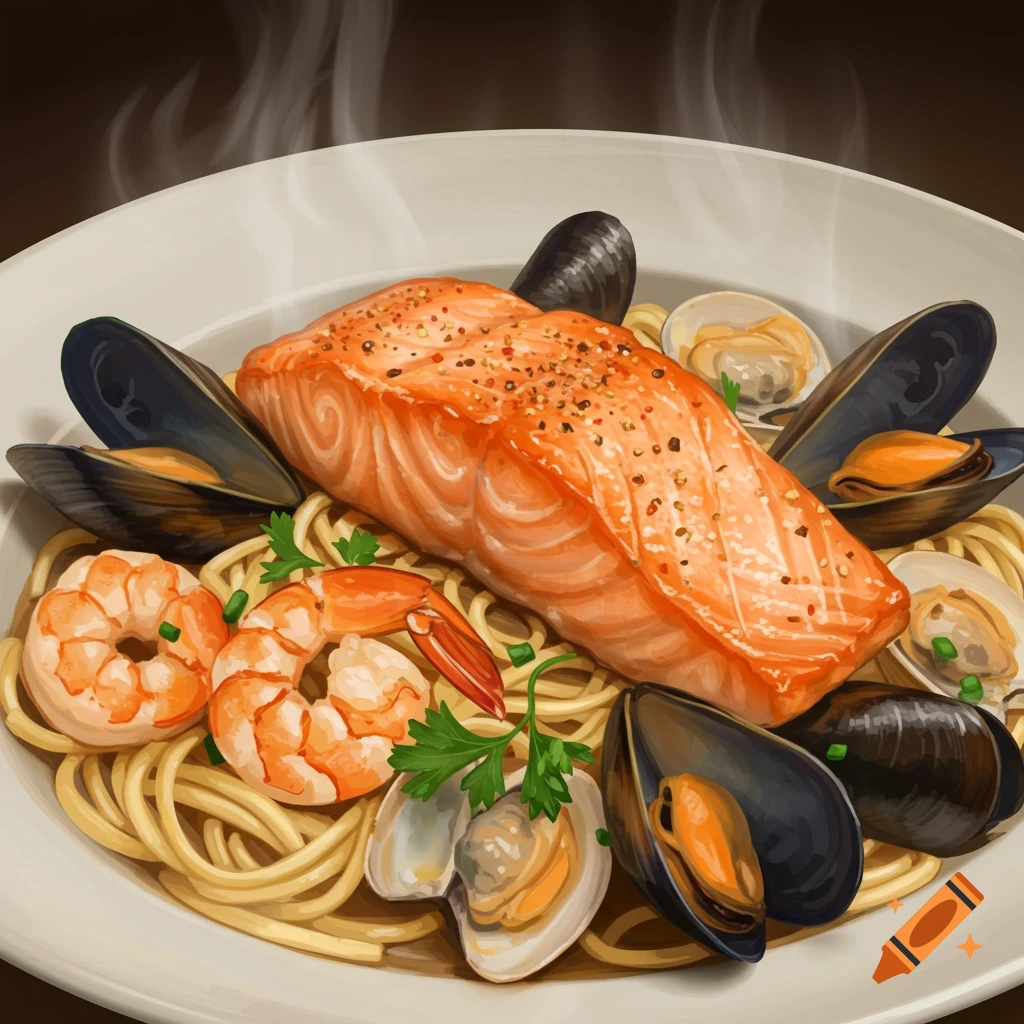 Stylized illustration of pasta with a salmon fillet, mussels, clams, and shrimp on a white plate, garnished with parsley.