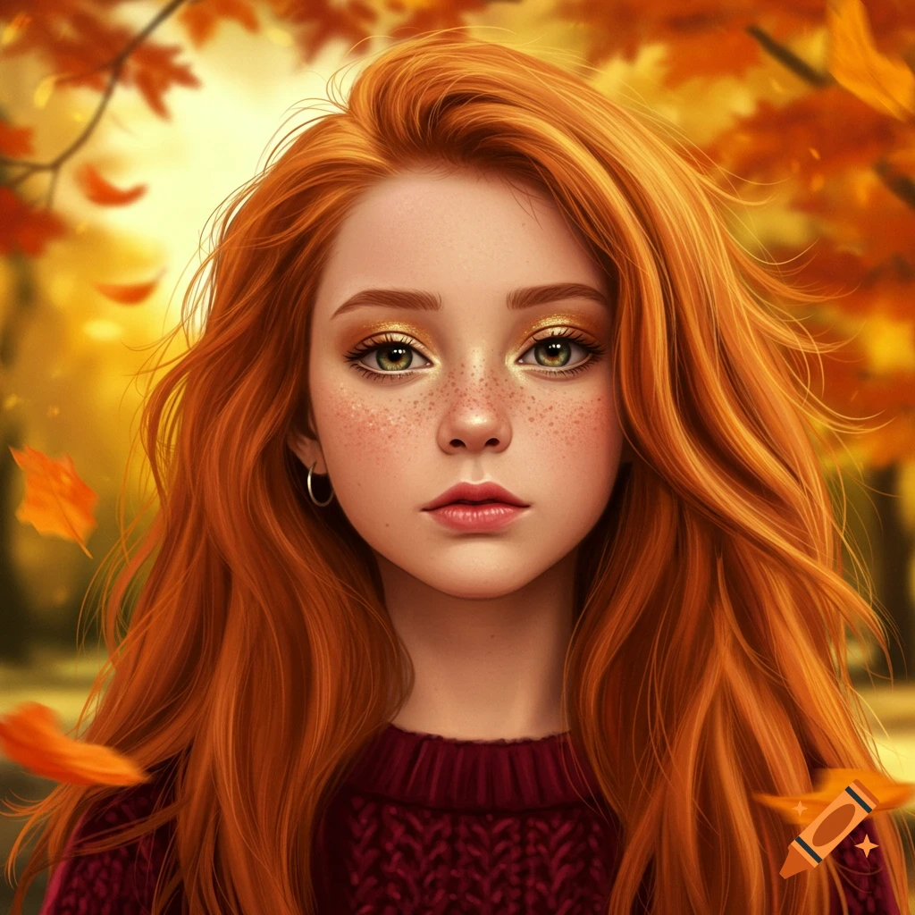 Close-up digital art portrait of a young woman with long red hair, green eyes, and freckles, wearing a red sweater in an autumn setting with falling leaves.