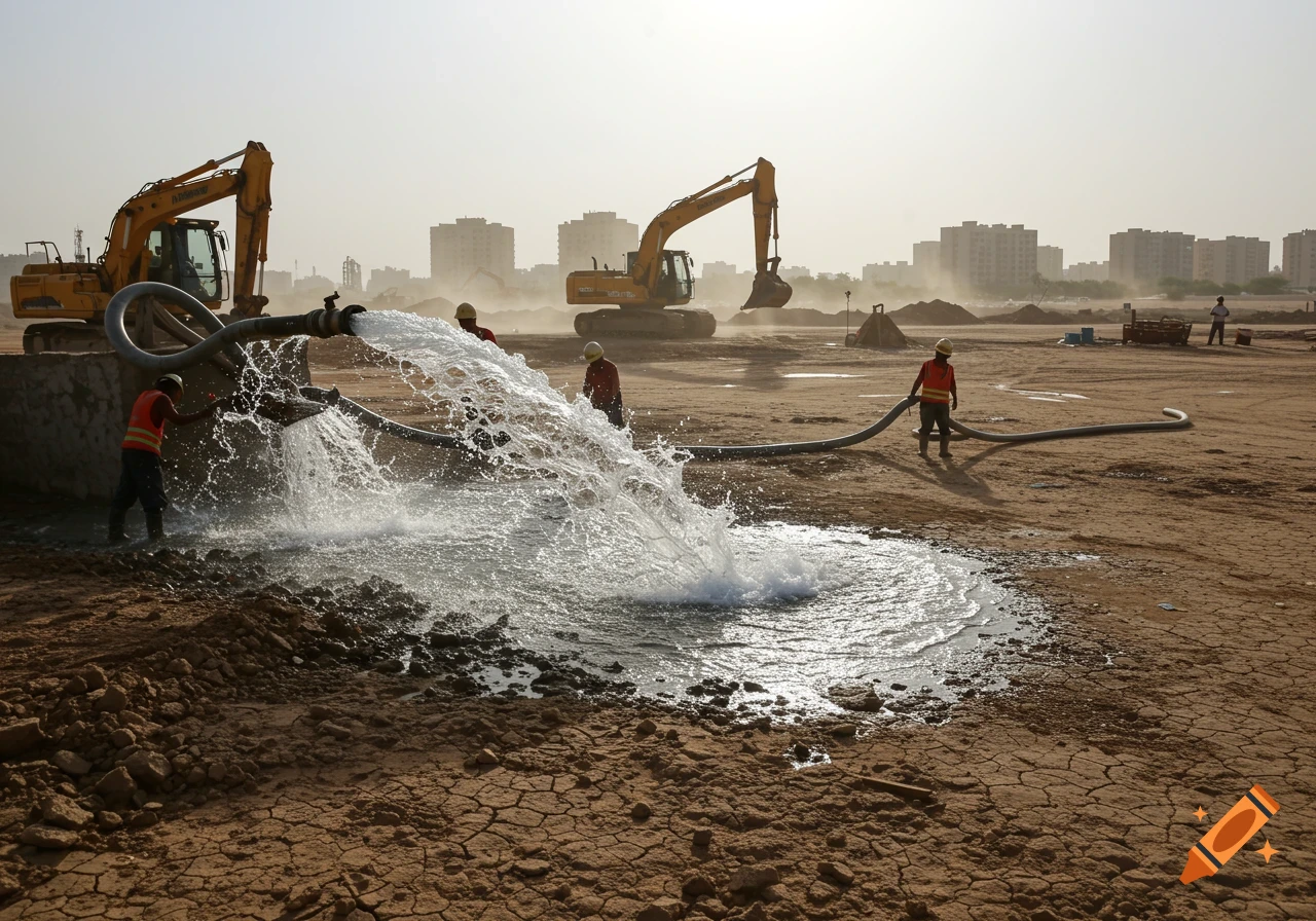 Construction workers operate excavators and pump water from a large hose onto dry, cracked earth at a dusty site with distant buildings.