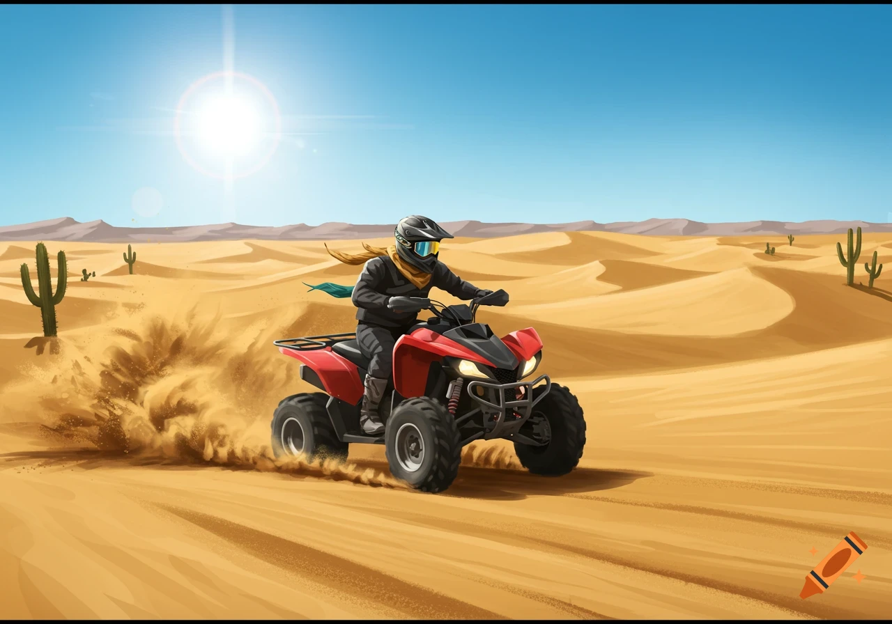 An illustration shows a person on a red quad bike kicking up sand as they speed through a sunny desert with dunes and cacti.
