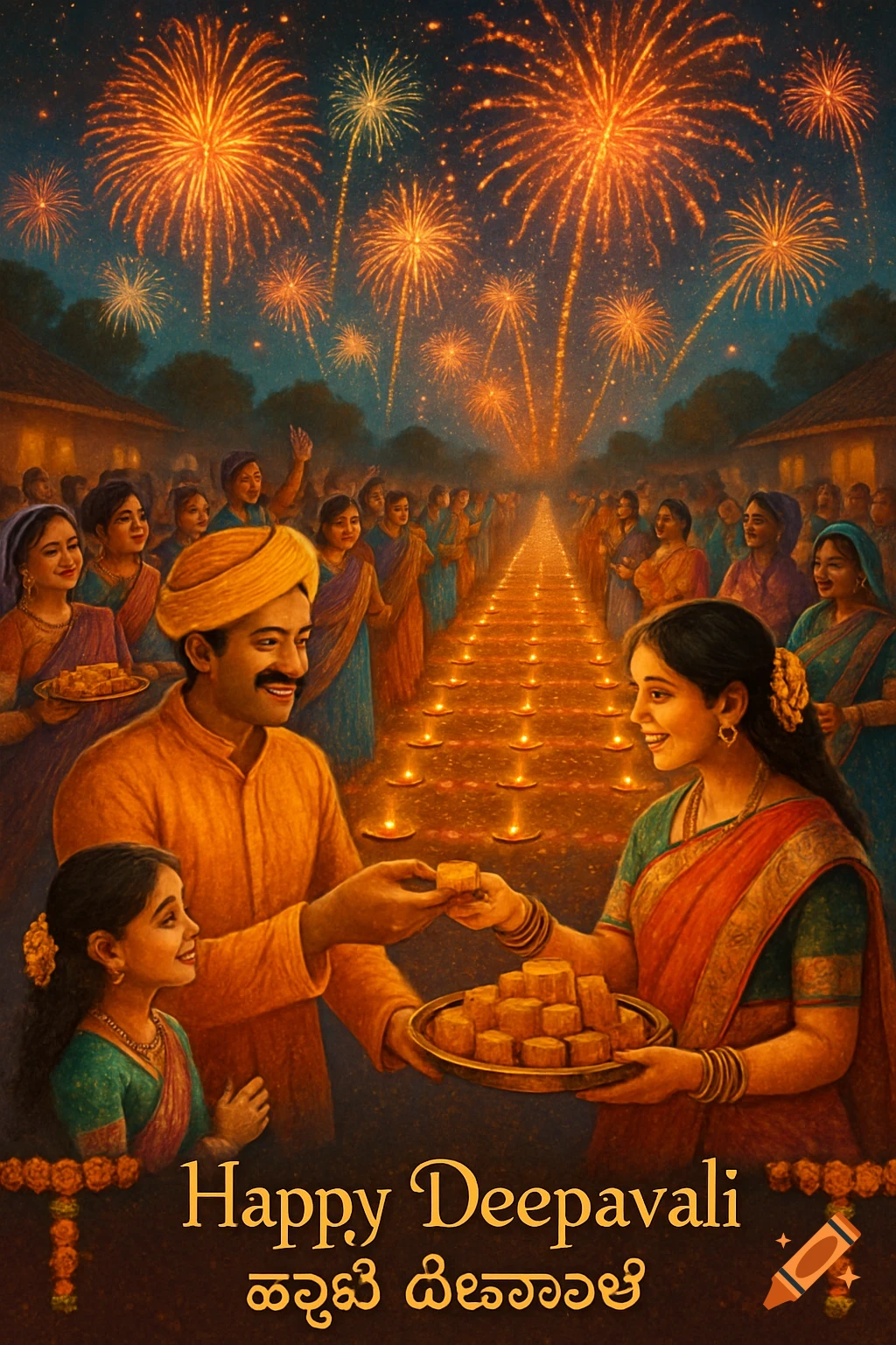 A family shares Mysorepak sweets while celebrating Deepavali with many people, lit lamps, and fireworks under a night sky.