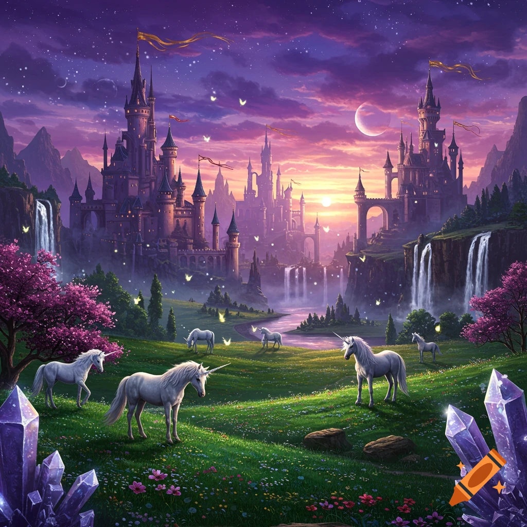 Fantasy art: Unicorns graze in a magical meadow with waterfalls and crystals, under a starry purple sunset sky and multiple castles.