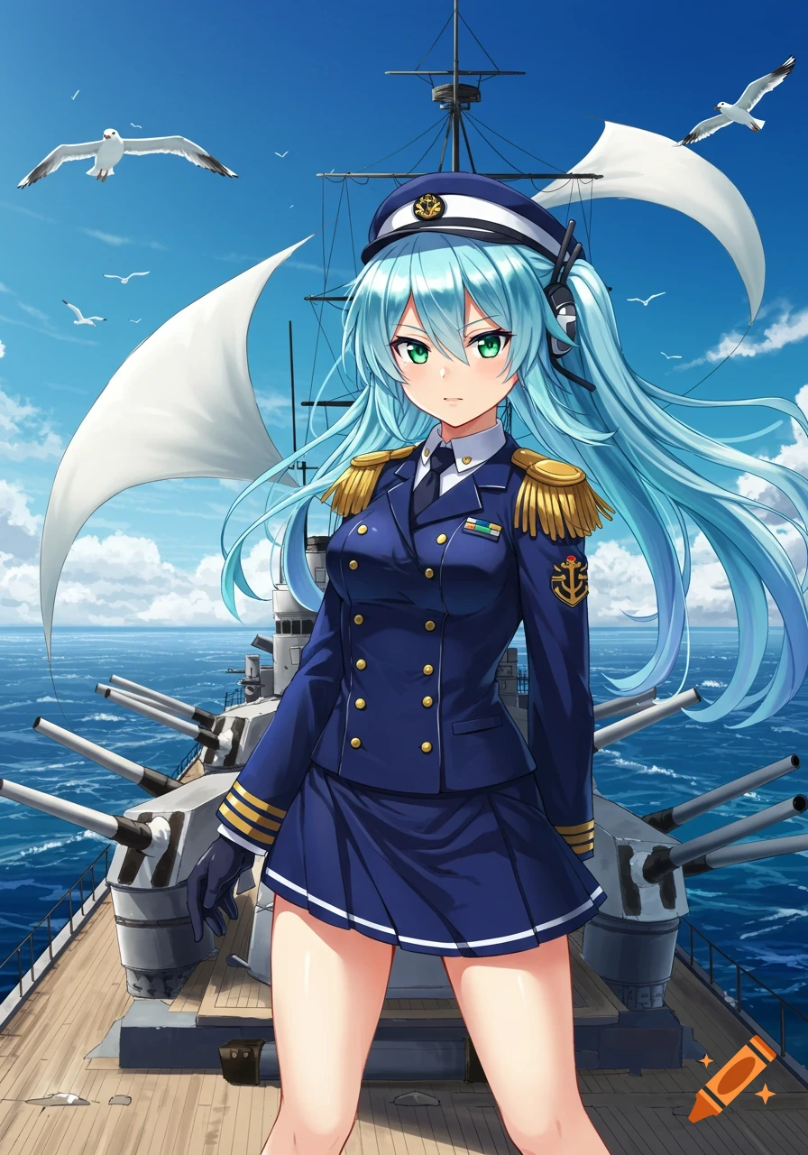 Anime girl with blue hair and green eyes in a dark blue naval uniform stands on a battleship deck under a clear sky.