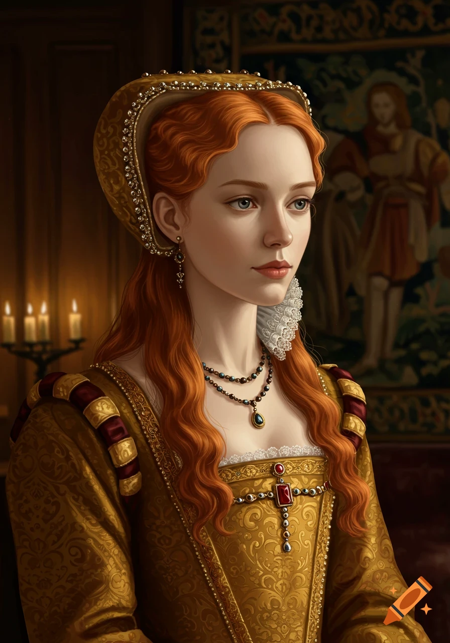 Realistic portrait of a red-haired Tudor princess in a gold dress, French hood, and jewelry, looking to the side.