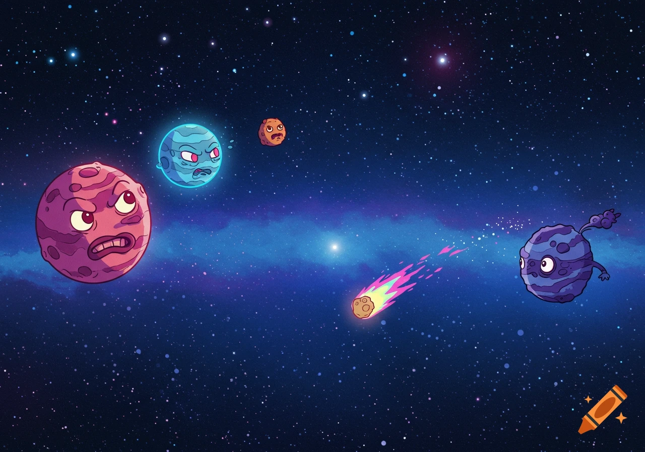 Cartoon planets with expressive faces and a comet moving across a starry purple and blue cosmic background.