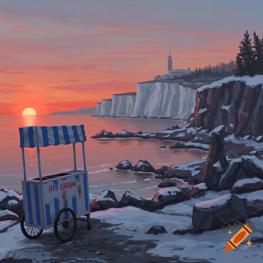 A winter seascape at sunset with an old blue and white striped ice cream cart on a snowy, rocky beach. White cliffs and a hotel are in the background.