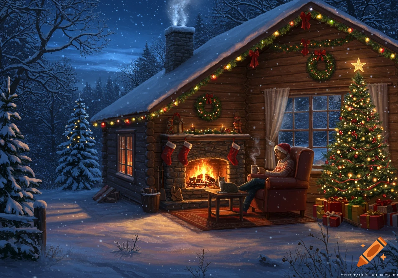 A cozy wooden cabin decorated for Christmas in a snowy forest at night. A person sits by a glowing fireplace with a cat, drinking a hot beverage.