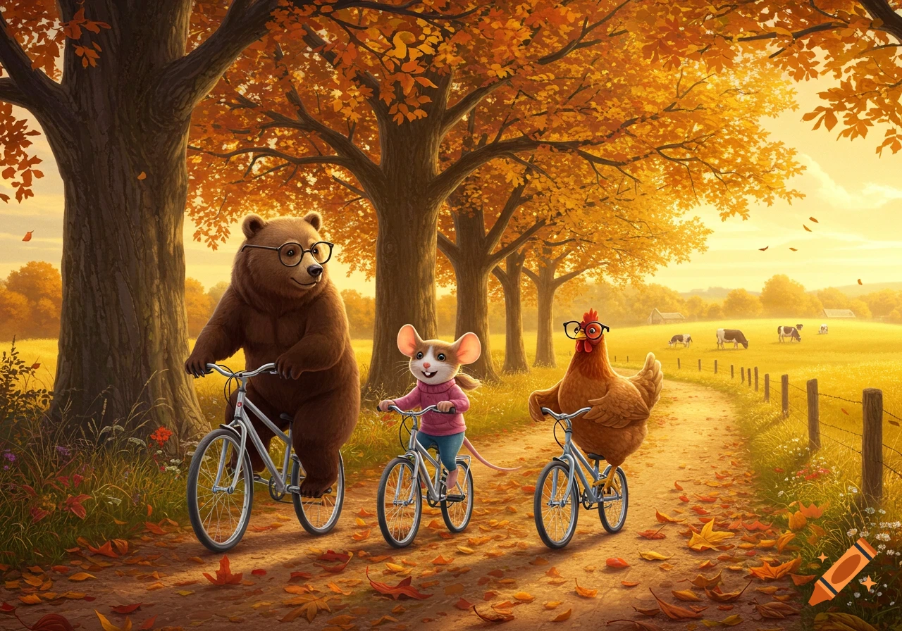 A storybook-style autumn illustration shows a bear, a mouse, and a hen riding bicycles on a leaf-covered dirt path, with golden trees and distant cows.