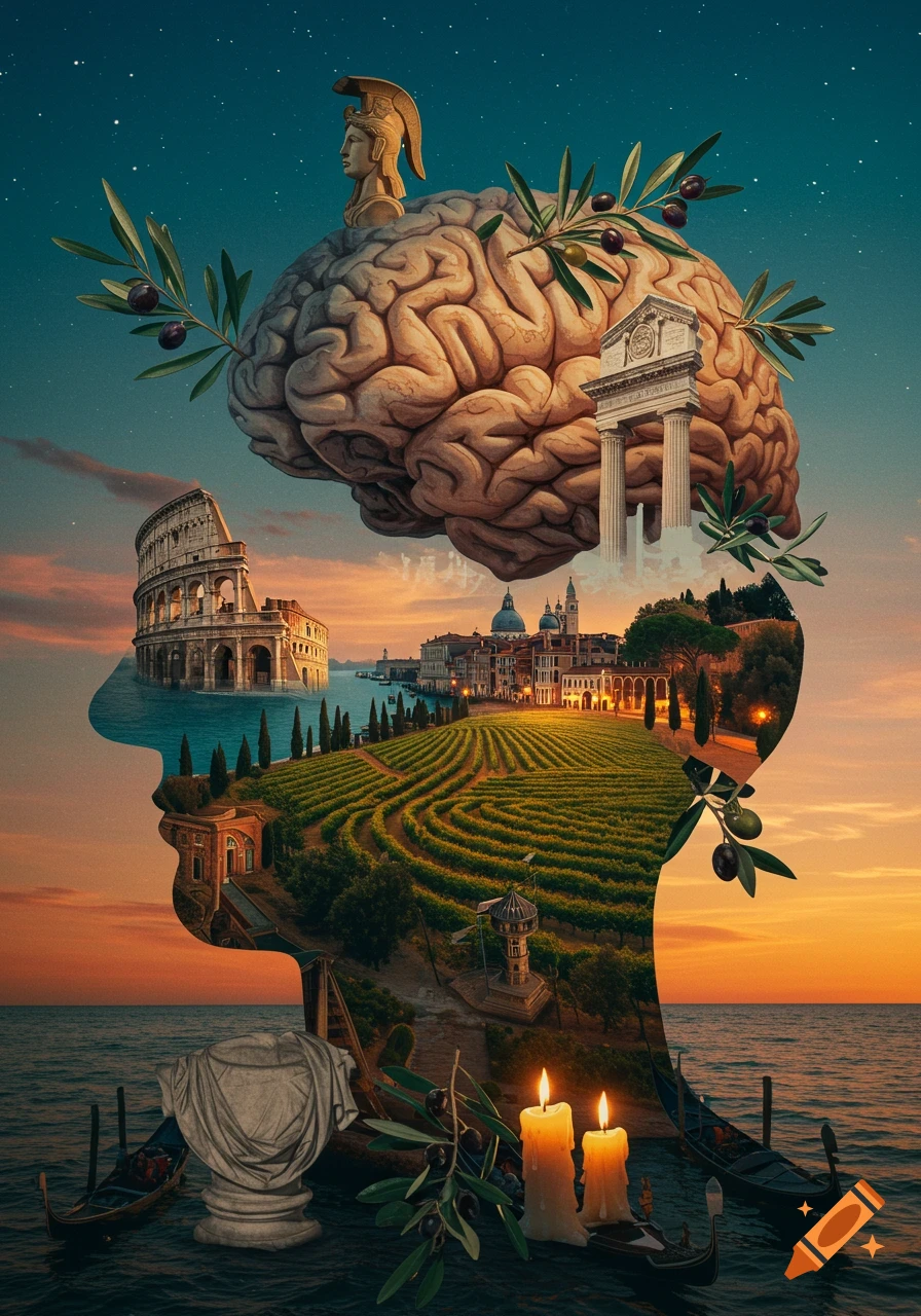 A surreal image of a human head silhouette filled with Italian landscapes, landmarks, a brain, olive branches, and candles against a sunset sky.