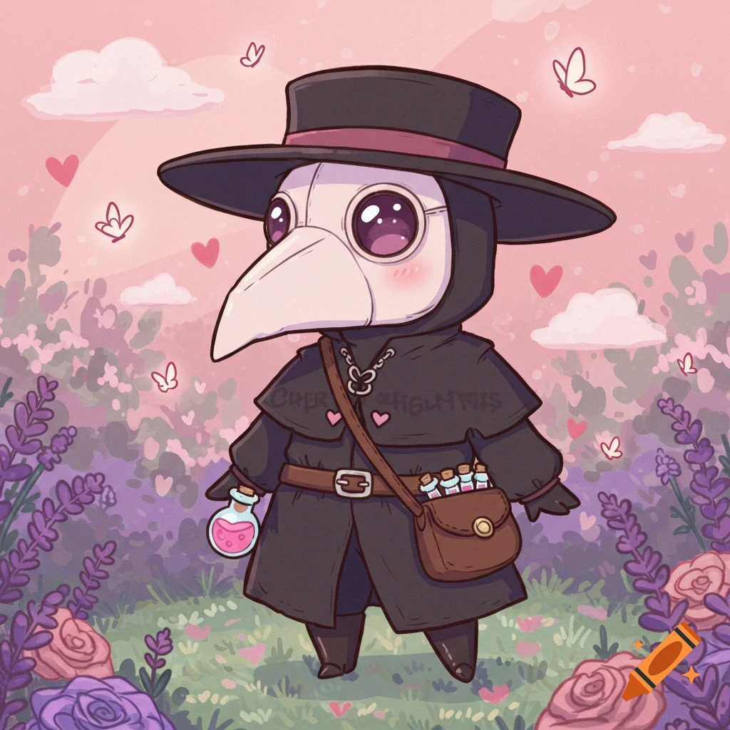 A cute, chibi plague doctor with large, shiny eyes and rosy cheeks holds a pink potion, standing in a field of lavender and roses with pink hearts and butterflies.
