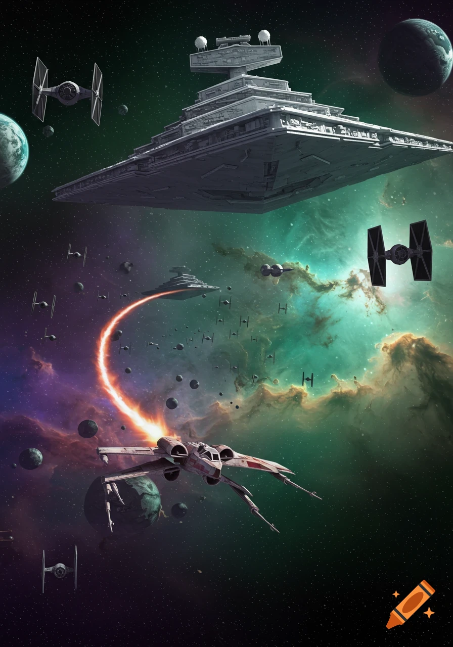 A Star Destroyer, X-Wing, and TIE fighters engage in a space battle amidst planets and a colorful nebula.