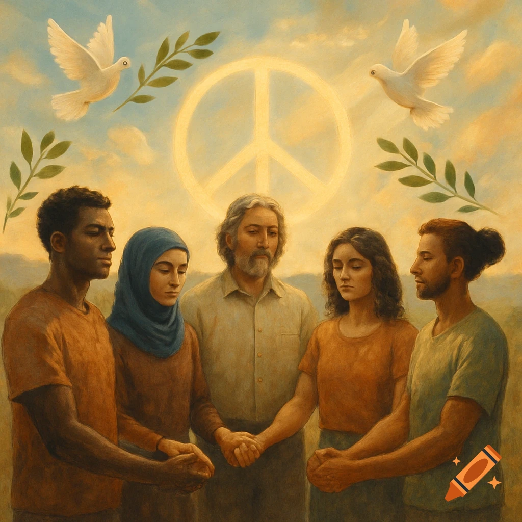 Five diverse people hold hands under a glowing peace symbol and doves with olive branches, signifying unity and peace in a painterly style.