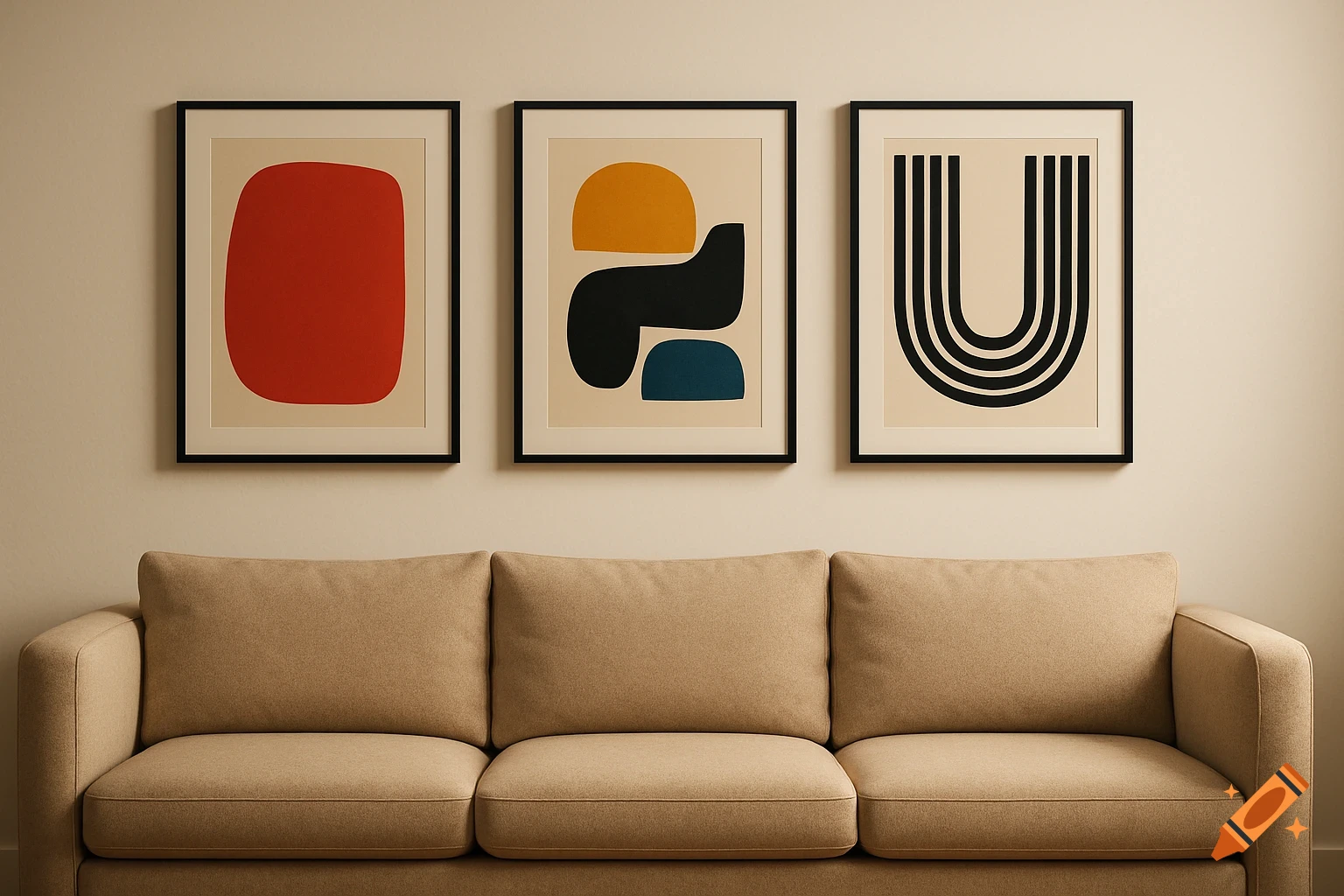 A modern living room with a beige three-seater sofa beneath three framed abstract art prints on a light wall.