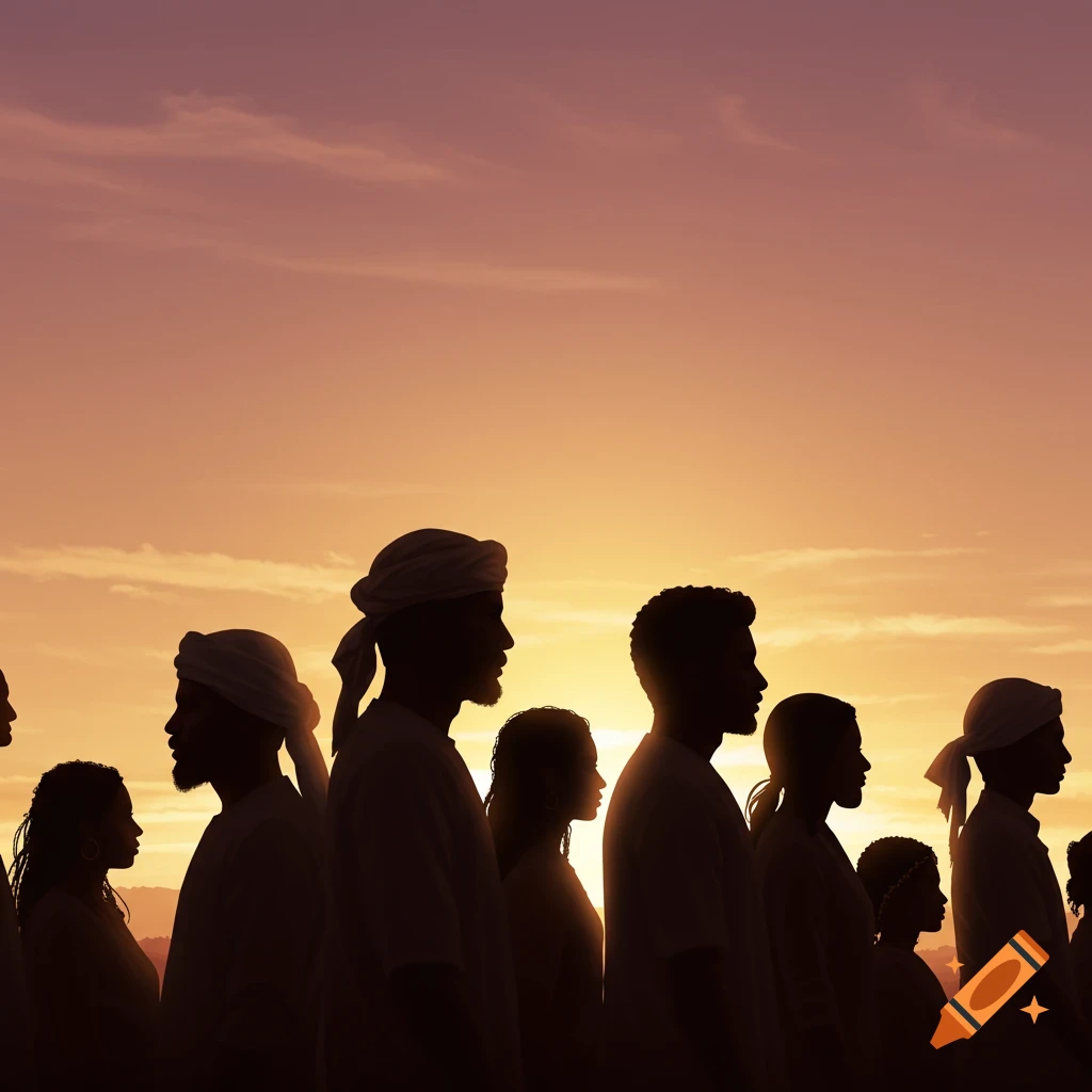 Silhouetted profiles of diverse men and women against a vibrant sunset sky, symbolizing unity and inclusion.