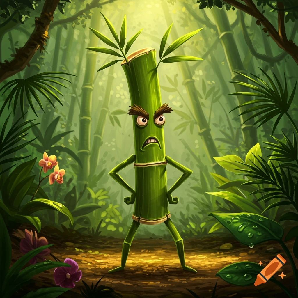 An angry cartoon bamboo stick with bushy eyebrows, arms akimbo, and legs, standing in a lush, sunlit jungle.