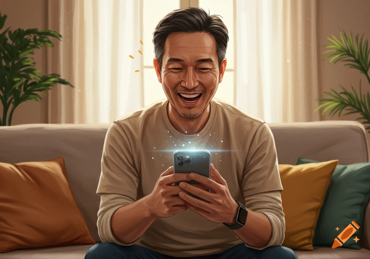 A smiling Asian man happily looks at a glowing smartphone while sitting on a sofa in a bright room.