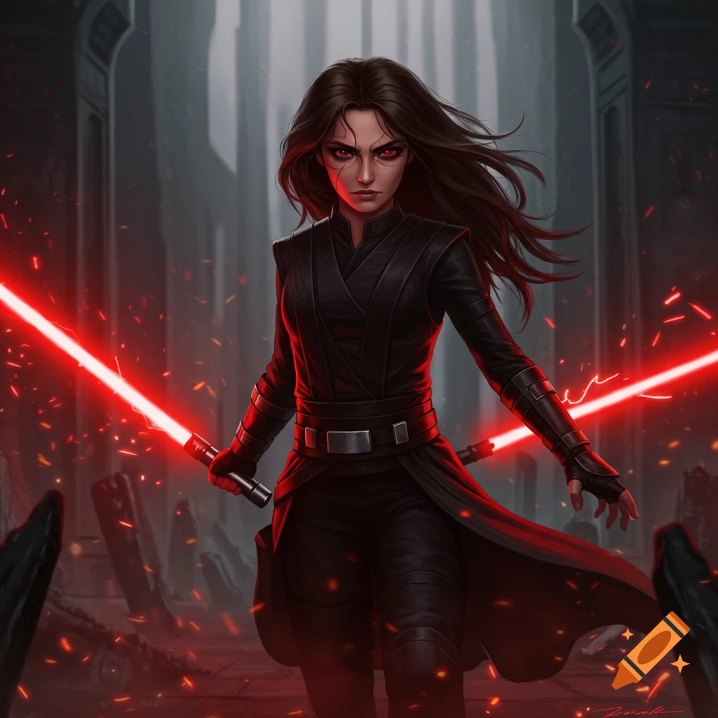 A female Sith character with brown hair and red eyes stands in a ruined corridor, holding two red lightsabers.